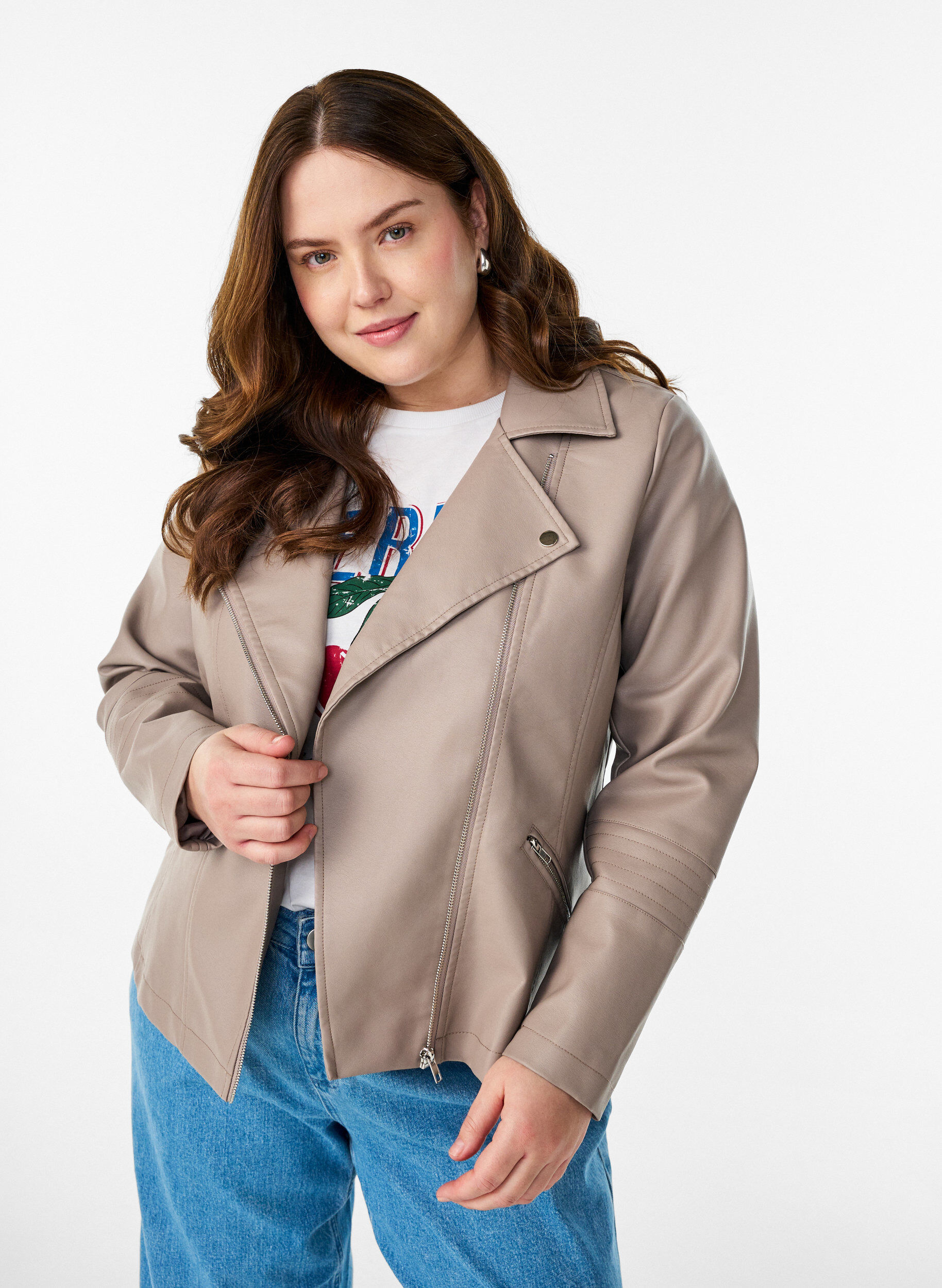 Biker-takki keinonahasta, Beige, Model