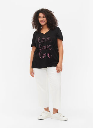 Puuvillainen t-paita v-pääntiellä ja printillä, Black W. Love, Model image number 2