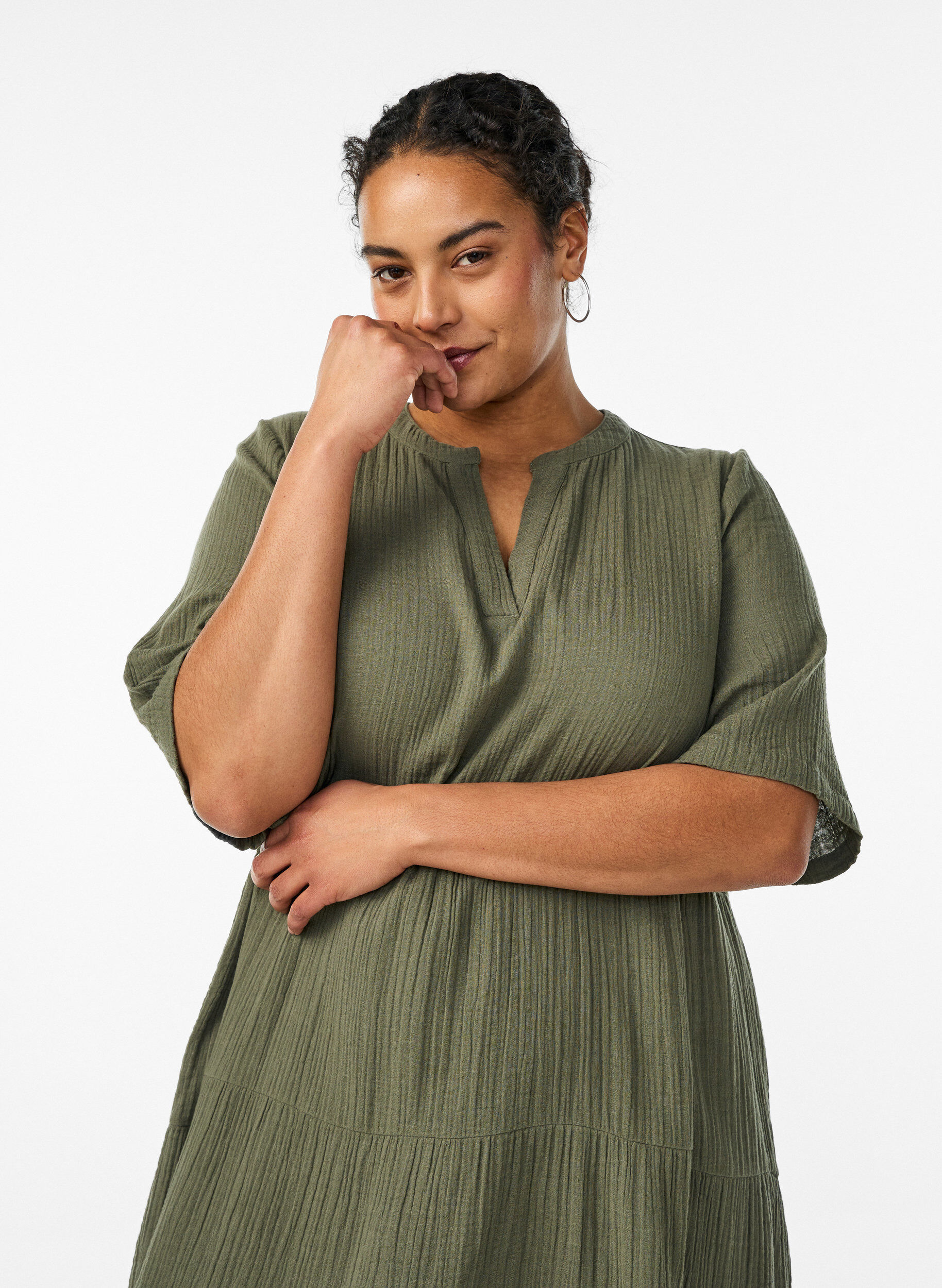 Zizzi A-linjainen midimekko puuvillamusliinista, Vihre&auml;, Model image number 2