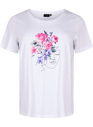 Puuvillainen T-paita, jossa on kukkakuvio ja muotokuva-aihe, B. White Face Flower