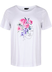 Puuvillainen T-paita, jossa on kukkakuvio ja muotokuva-aihe