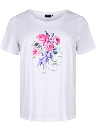 Puuvillainen T-paita, jossa on kukkakuvio ja muotokuva-aihe, B. White Face Flower, Packshot image number 0