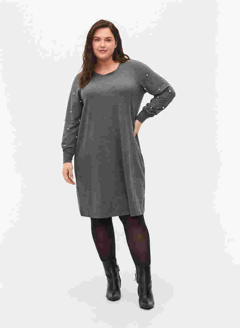Pitkähihainen mekko helmiyksityiskohdilla, Dark Grey Melange, Model image number 2
