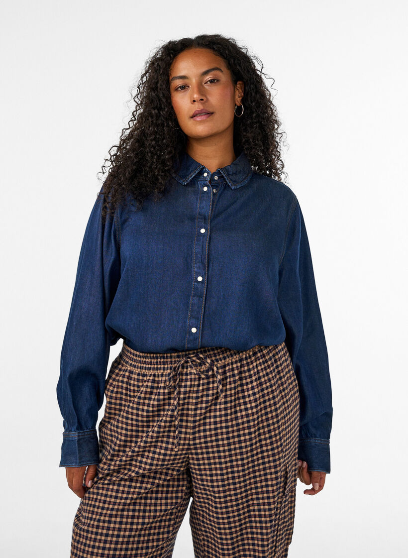Denim-paita lyocellissa painonapeilla, Sininen, Model image number 0