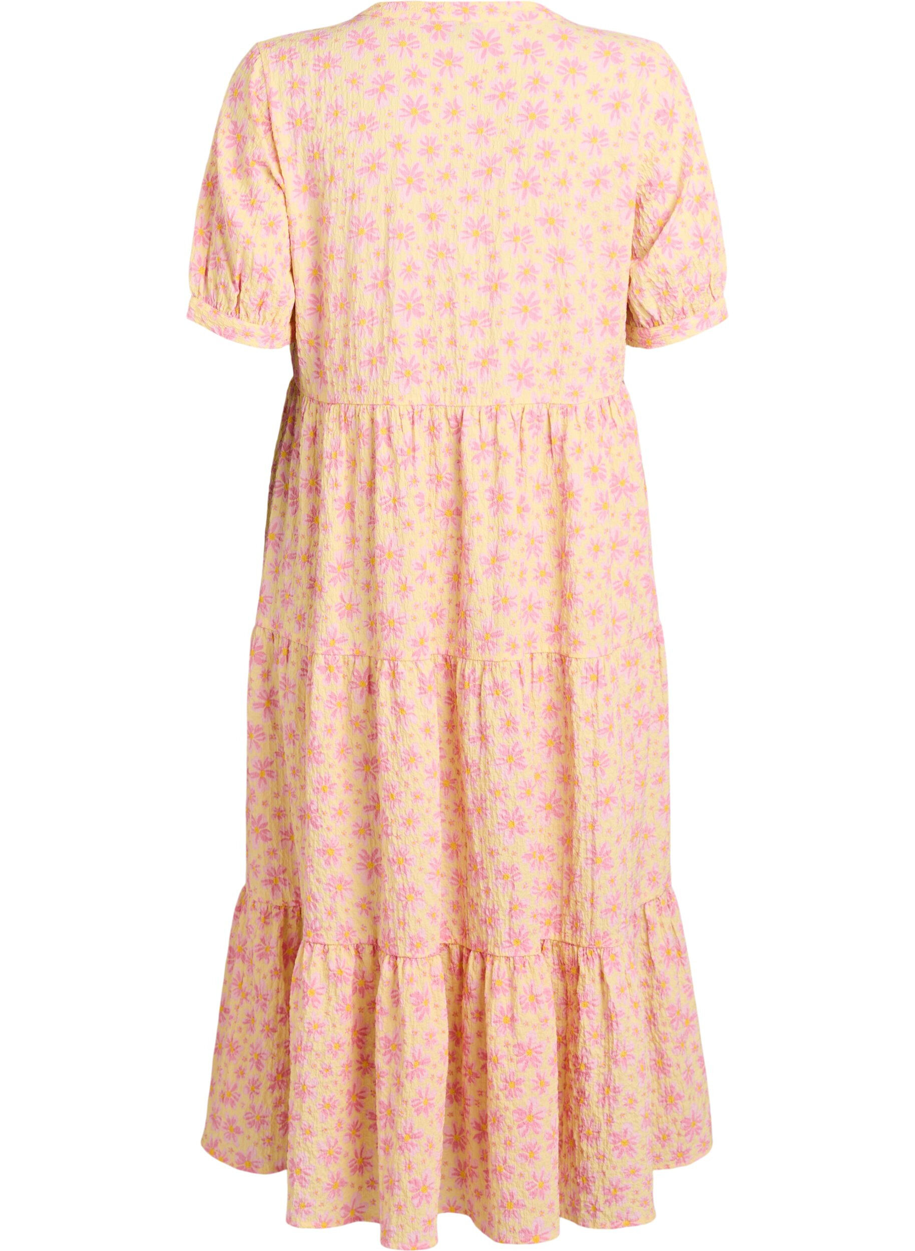 ZizziNilkkapituinen mekko lyhyill&auml; hihoilla ja kerroksellisilla r&ouml;yhel&ouml;ill&auml;, Keltainen, Packshot image number 1