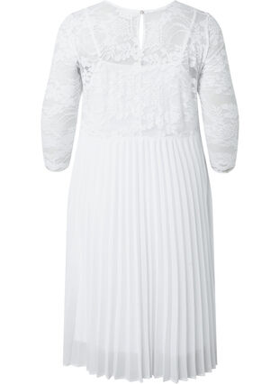Pliseerattu mekko pitsillä ja 3/4-hihoilla, Bright White, Packshot image number 1