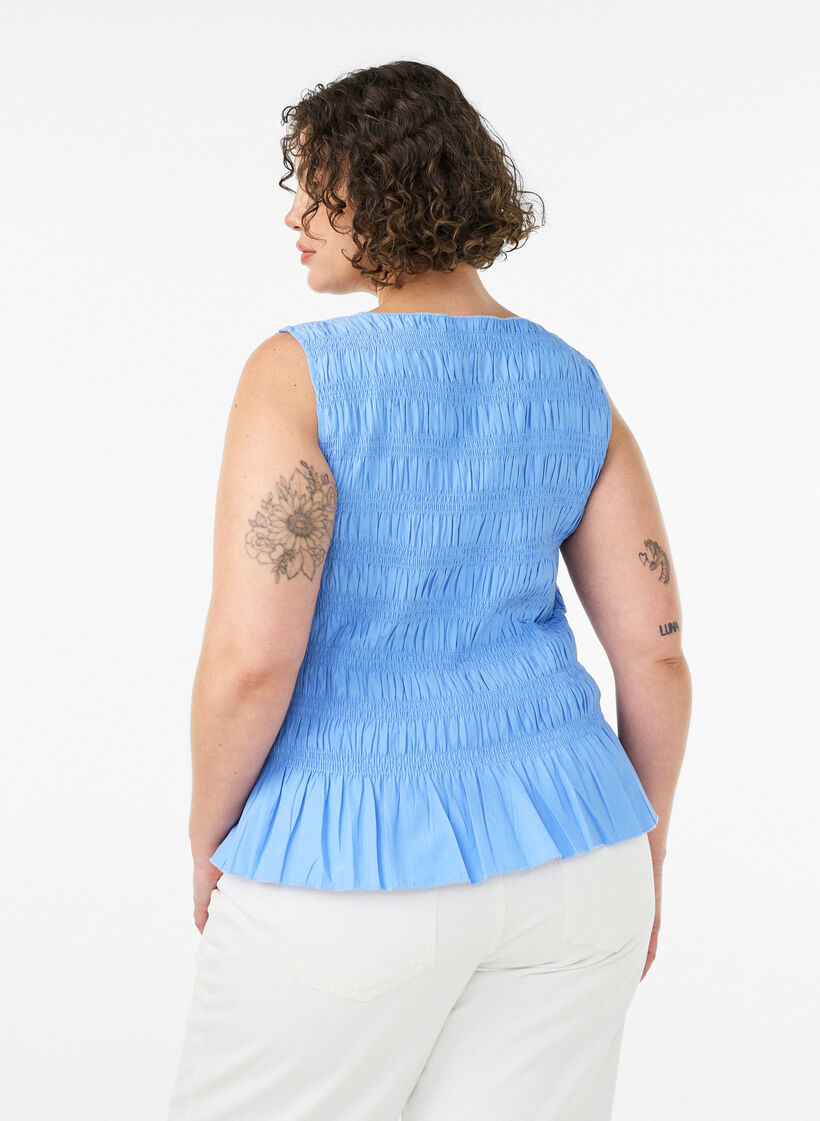 Smokkitoppi venep&auml;&auml;ntiell&auml; ja peplum-helmalla, Sininen, Model image number 2