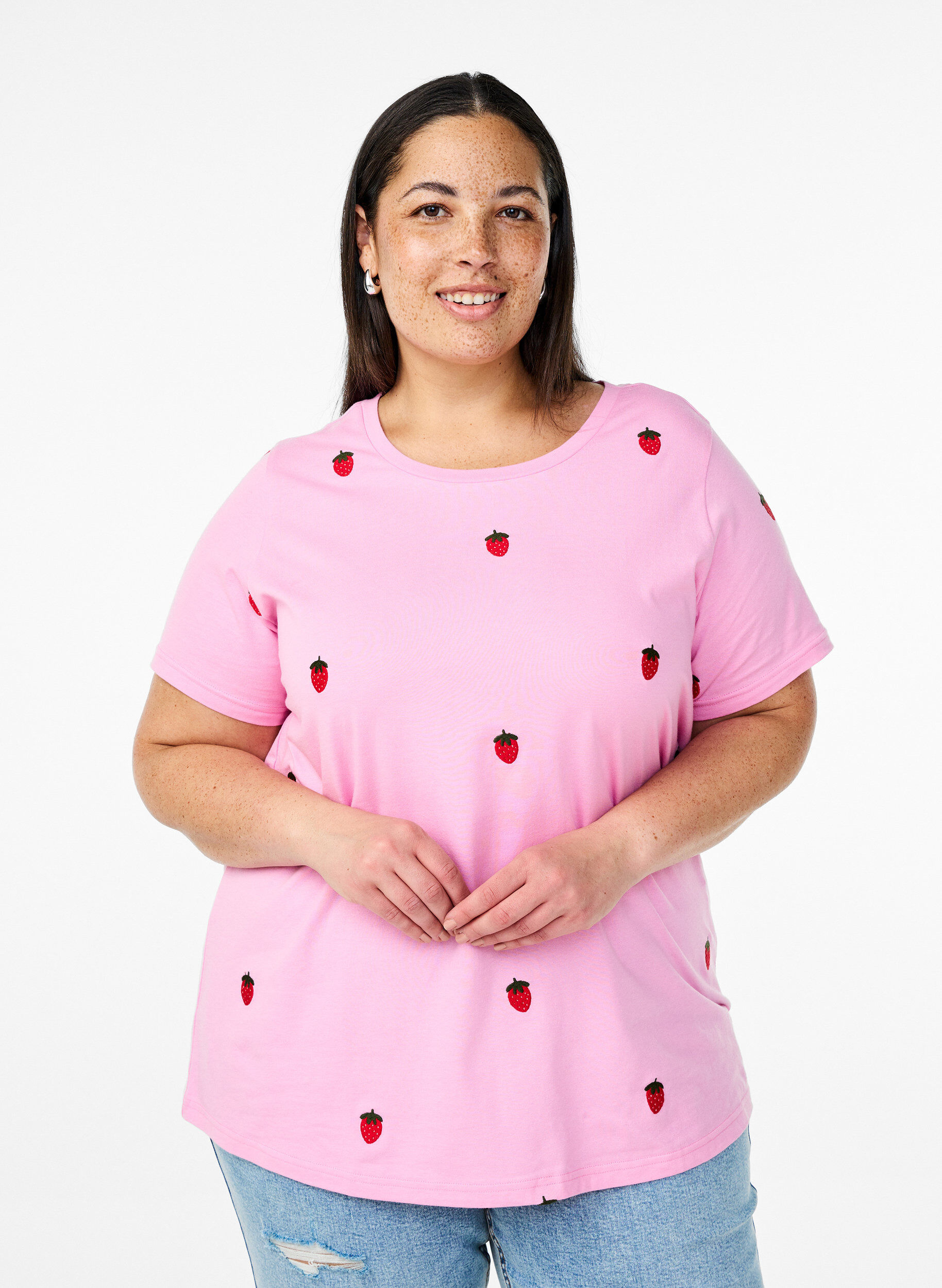 Zizzi Luomupuuvillainen T-paita kirjailuilla kuvioilla., Vaaleanpunainen, Model image number 0