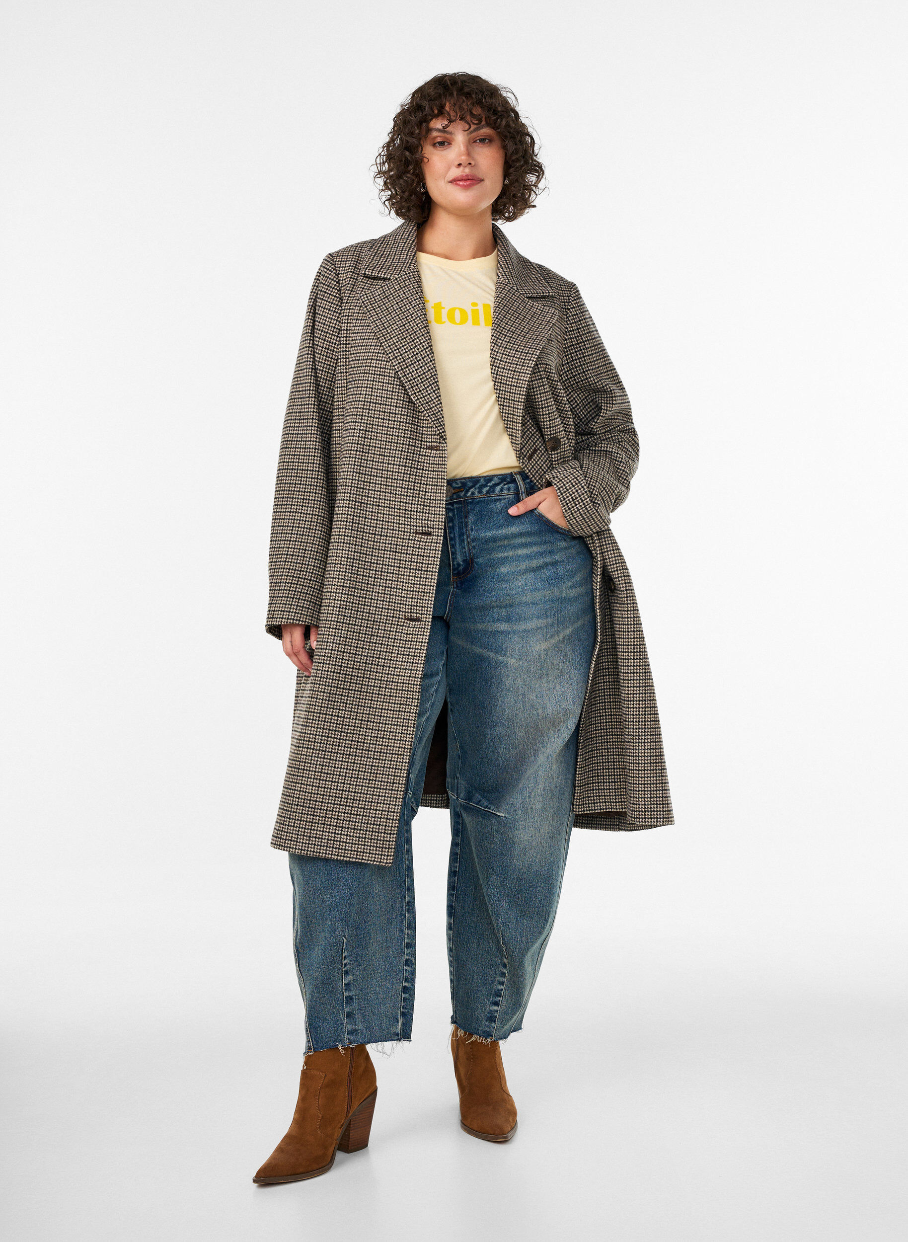 ZizziKeskipitk&auml; ruudullinen takki, Ruskea, Model image number 0