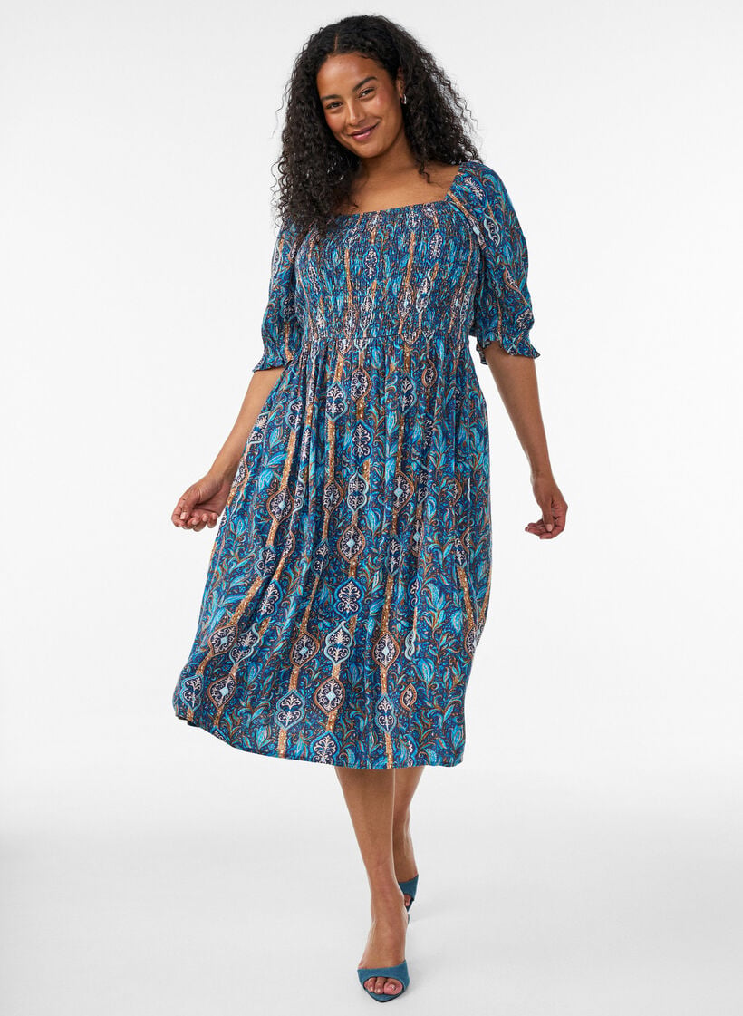 Kes&auml;mekko viskoosista paisley-kuosilla, Sininen, Model image number 0