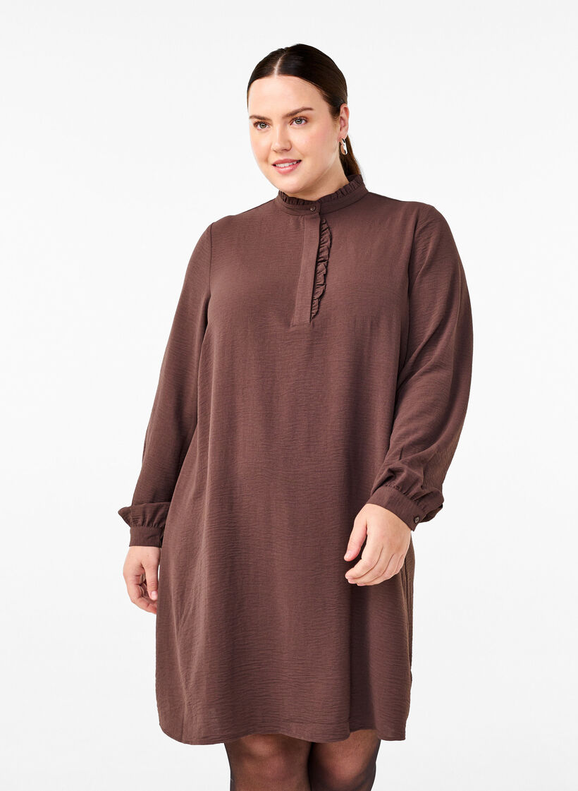 Pitkähihainen mekko, jossa röyhelökoriste, Chocolate Martini, Model image number 0