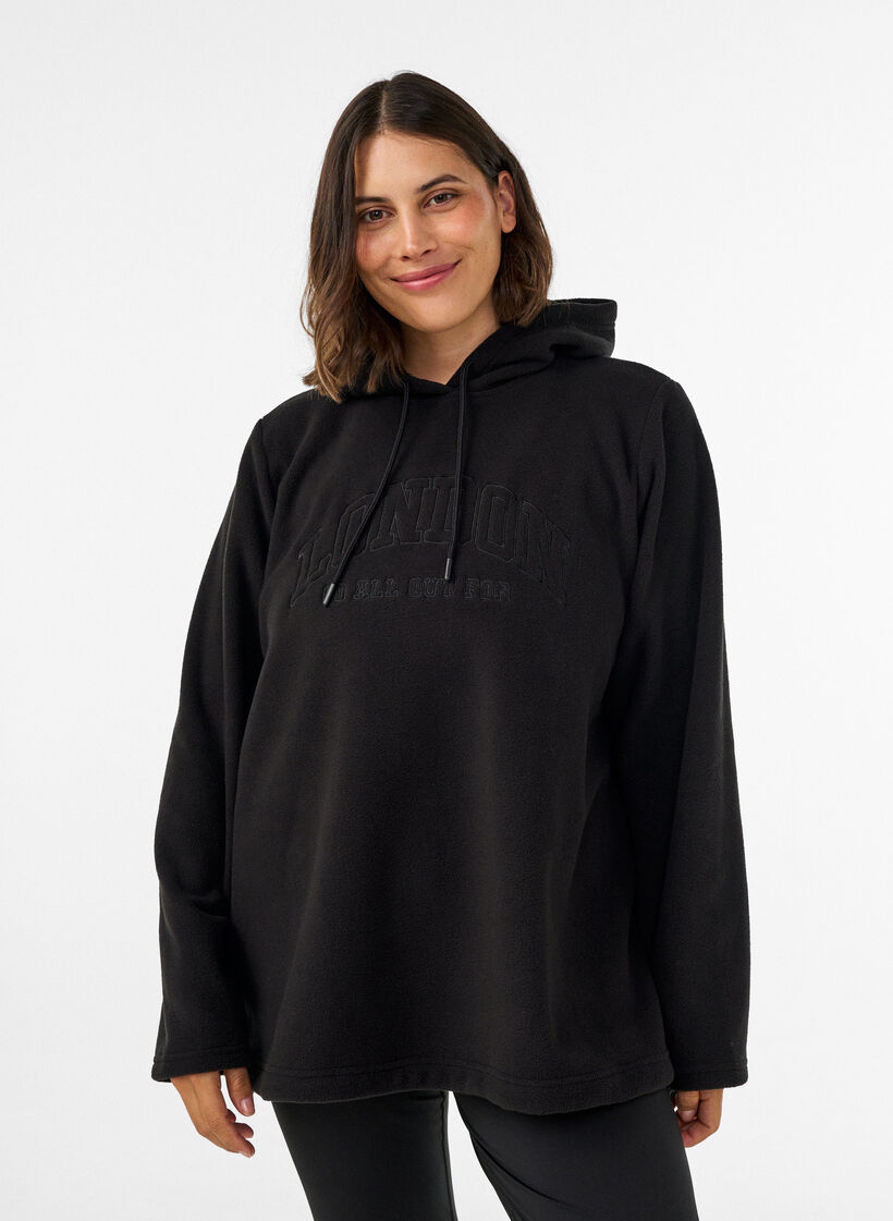 Fleece-huppari korkealla kauluksella ja brodeeratulla tekstill&auml;, Musta, Model image number 0
