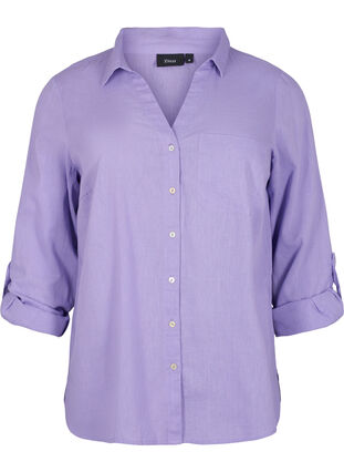Puuvilla-pellavasekoitteinen paitapusero, jossa on napitus, Lavender, Packshot image number 0