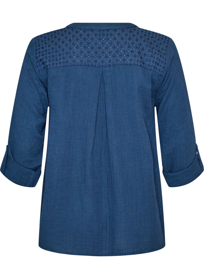 Paita puuvillamusliinissa, jossa broderie anglaise -kirjailu, Sininen, Packshot image number 1