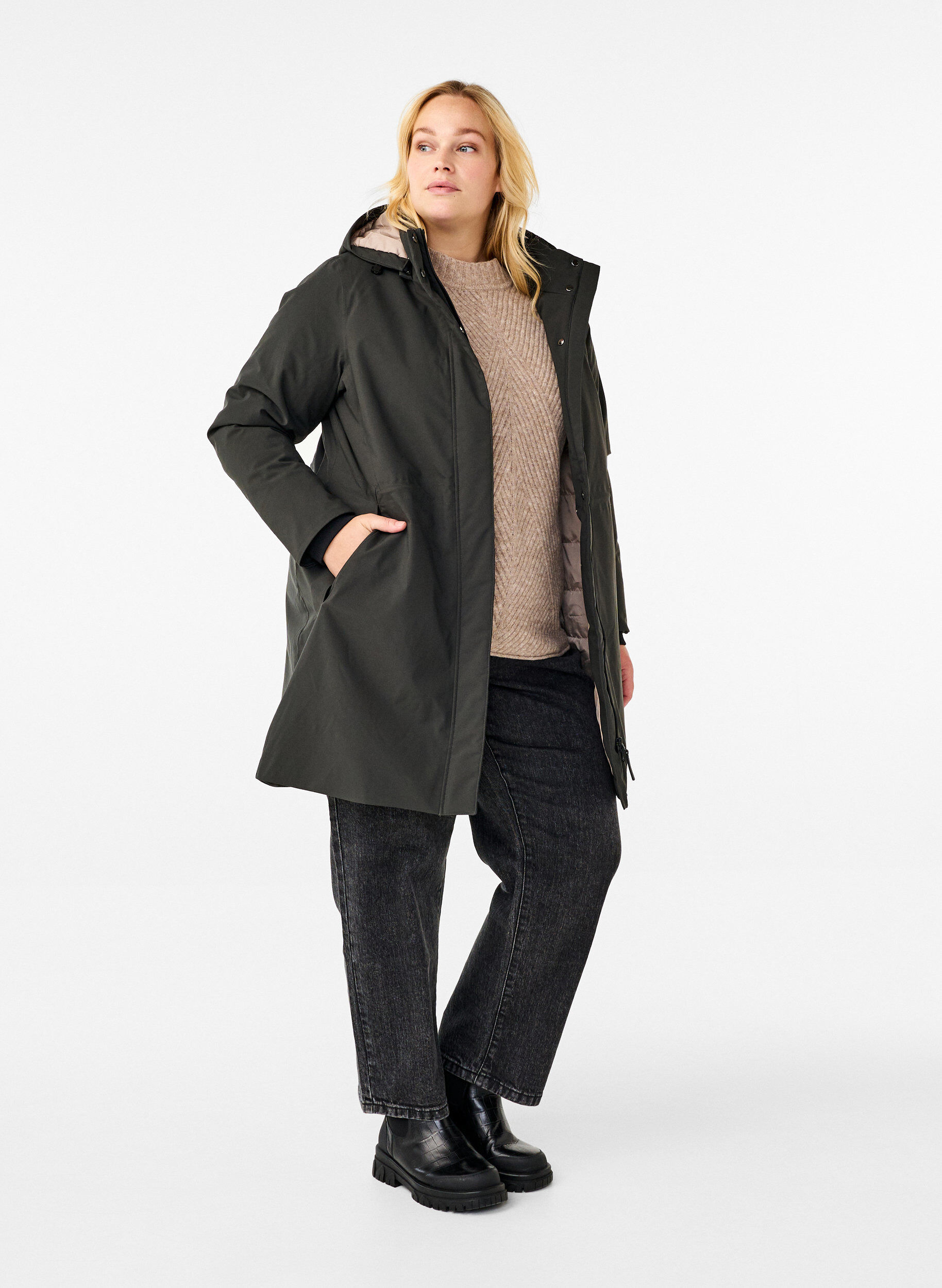 Zizzi Toiminnallinen parka-talvitakki hupulla, Raven, Model image number 2