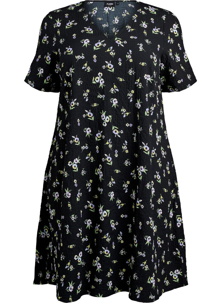 Lyhythihainen mekko V-p&auml;&auml;ntiell&auml;, Musta, Packshot image number 0