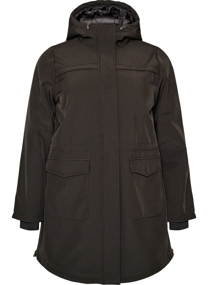 Vett&auml; hylkiv&auml; softshell-takki, jossa on tikattu vuori, Musta, Packshot image number 0