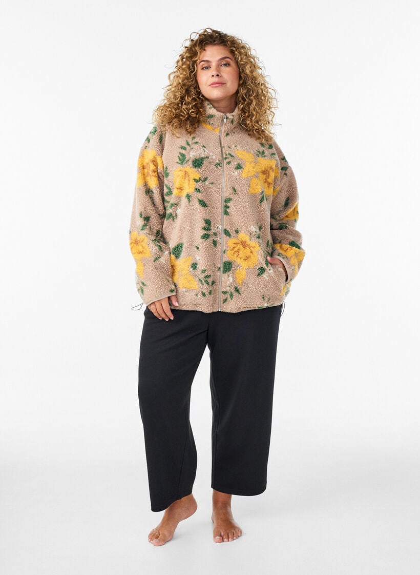 Kukkafleecetakki korkealla kauluksella ja vetoketjulla, Beige, Model image number 1