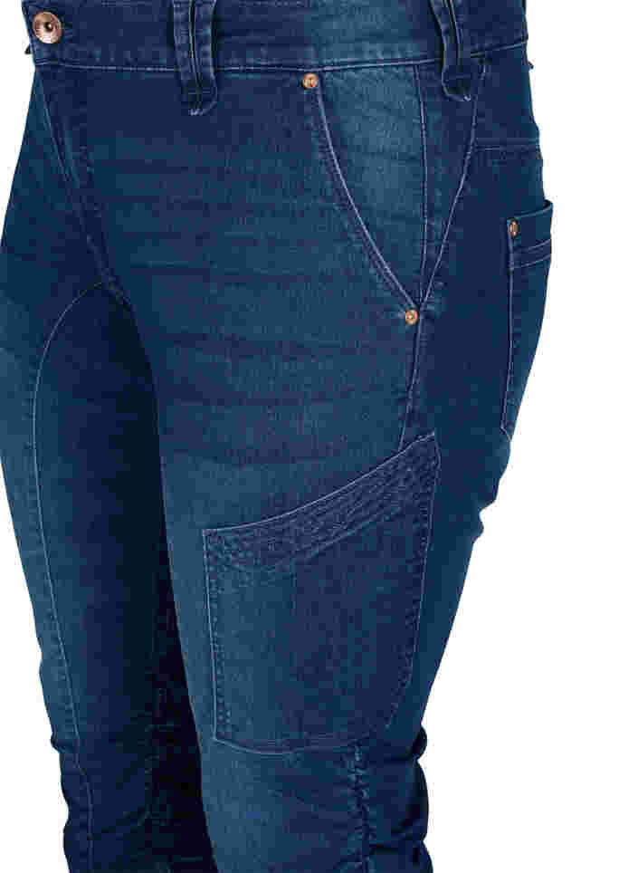 Slim fit farkkucaprit taskuilla, Dark blue denim, Packshot image number 2