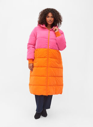Pitkä talvitakki värikaistaleella, Pink W/Orange, Model image number 0