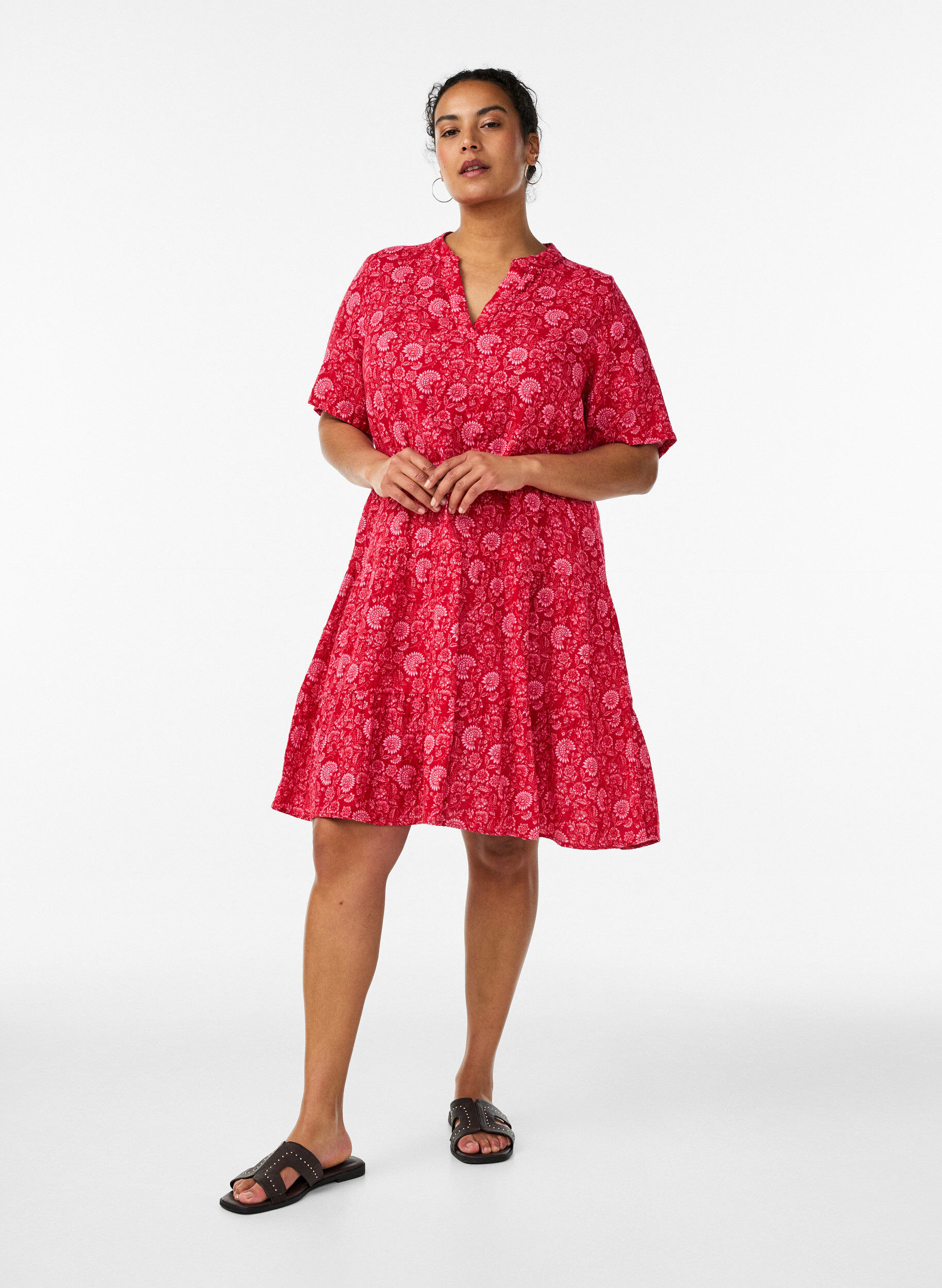 ZizziLyhyt A-linjainen mekko puuvillamusliinista, Punainen, Model image number 1