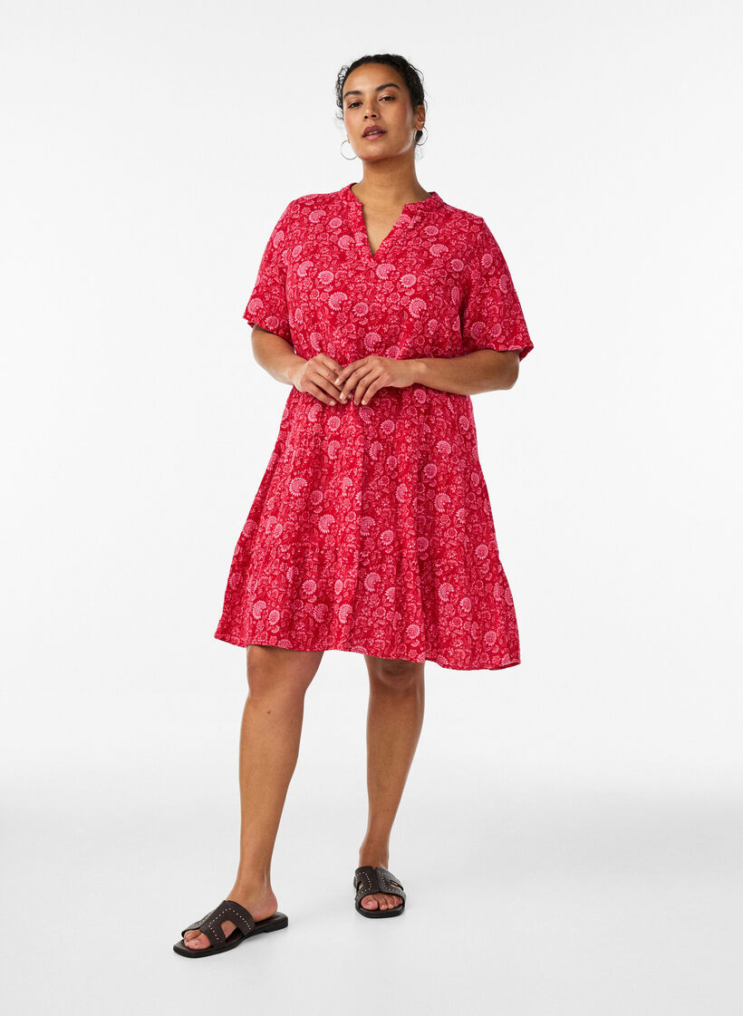 Lyhyt A-linjainen mekko puuvillamusliinista, Punainen, Model image number 1