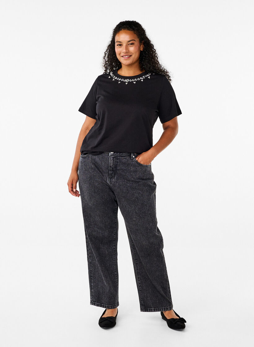 T-paita, jossa pyöreä kaula-aukko ja strasseja, Black, Model image number 2