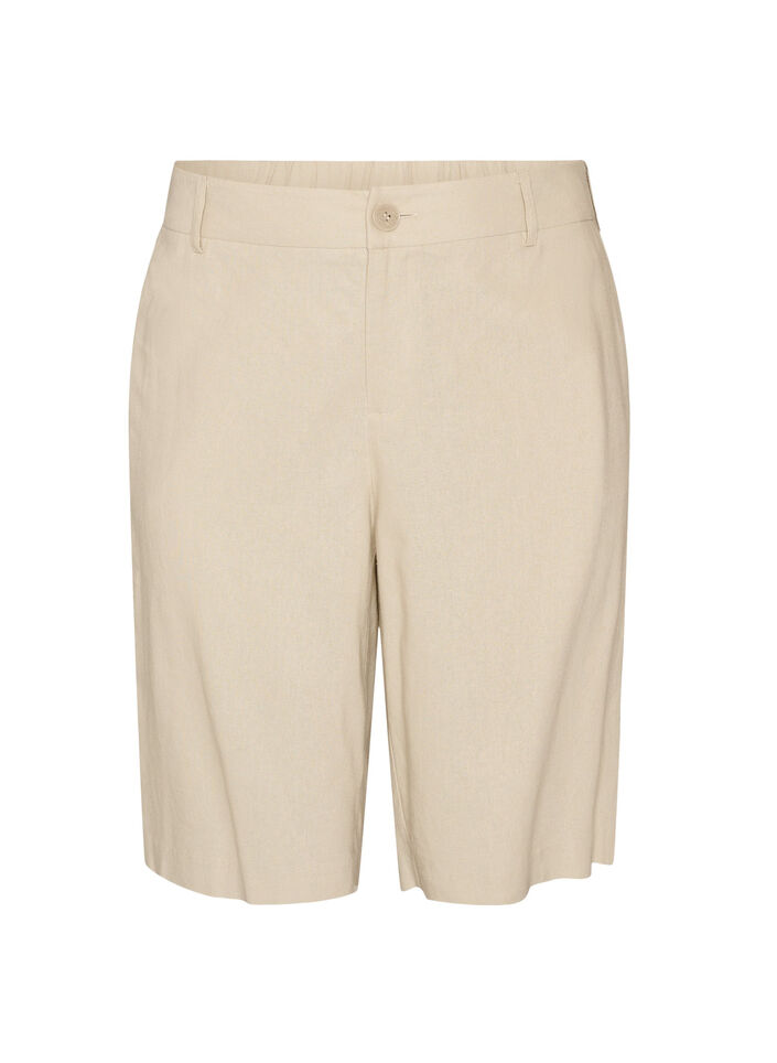 Korkeavy&ouml;t&auml;r&ouml;iset bermudashortsit pellavasta ja viskoosista, Beige, Packshot image number 0