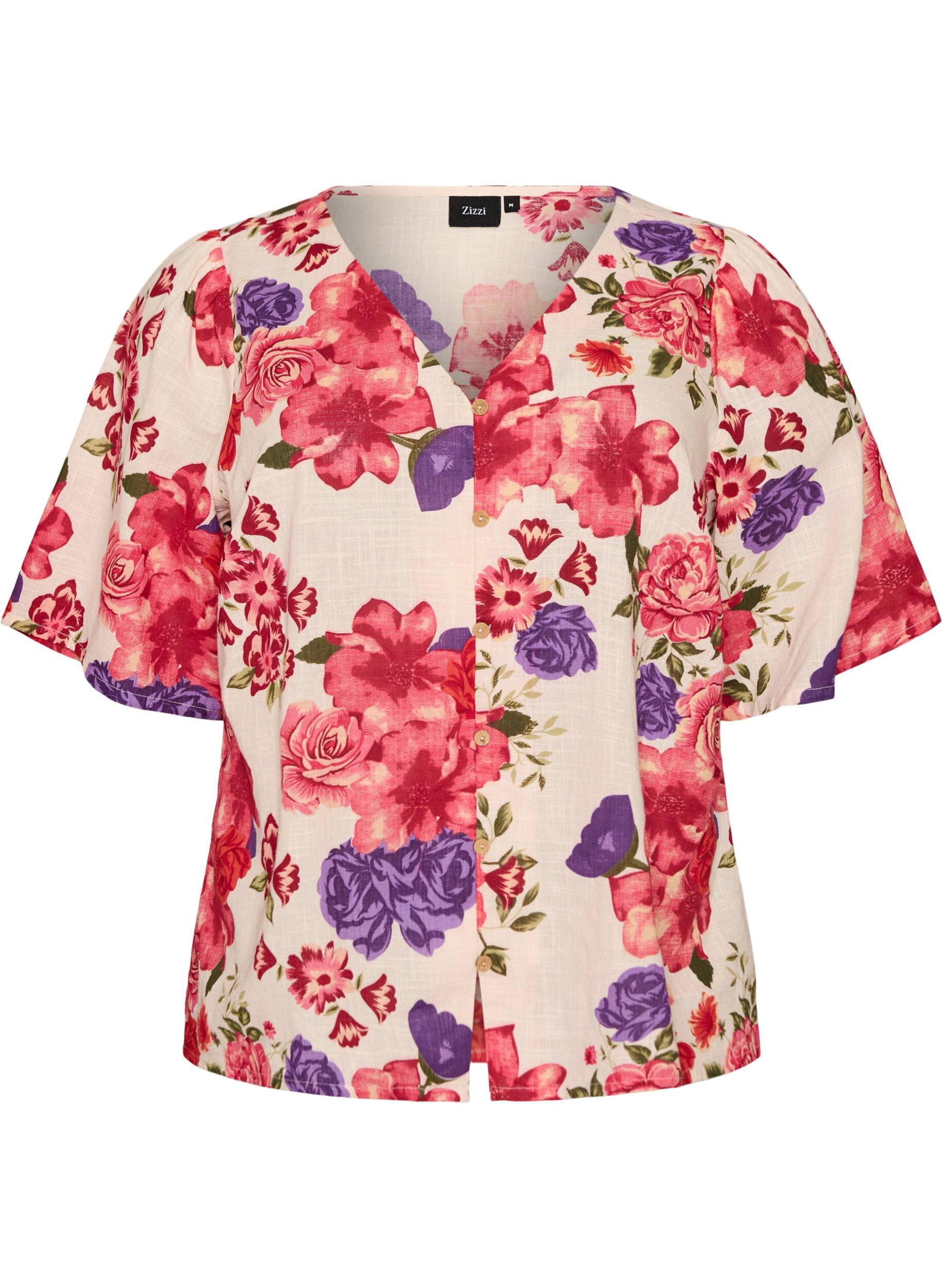 ZizziLyhythihainen puuvillapaita V-p&auml;&auml;ntiell&auml;, Punainen, Packshot image number 0