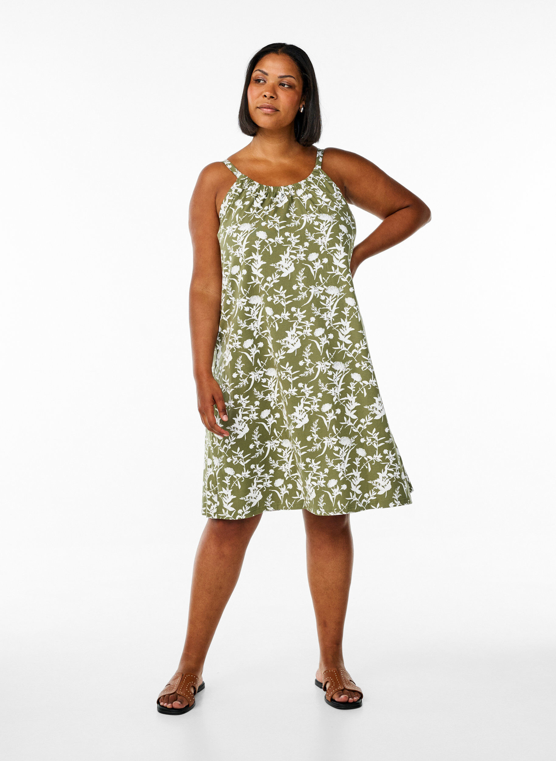 Zizzi Midipituinen olkainmekko luomupuuvillaa, Vihre&auml;, Model image number 1