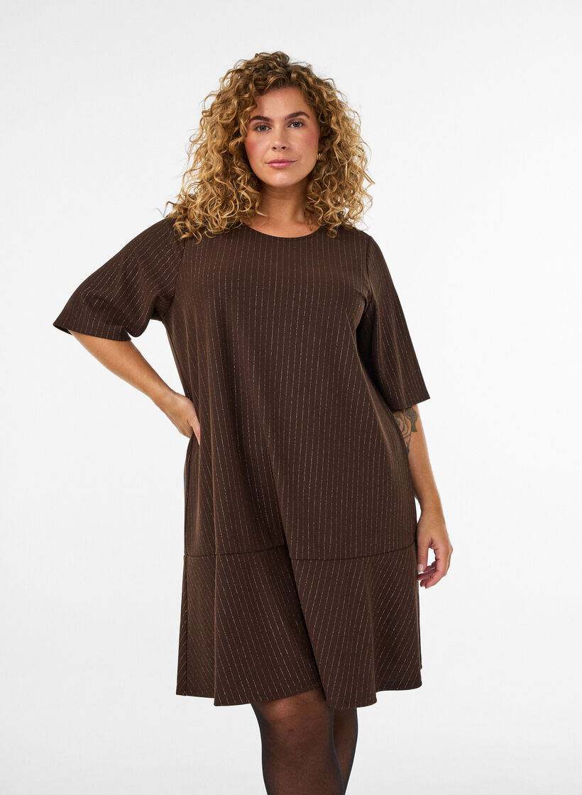 Lyhyt A-linjainen mekko kimalteraidoilla, Ruskea, Model image number 0