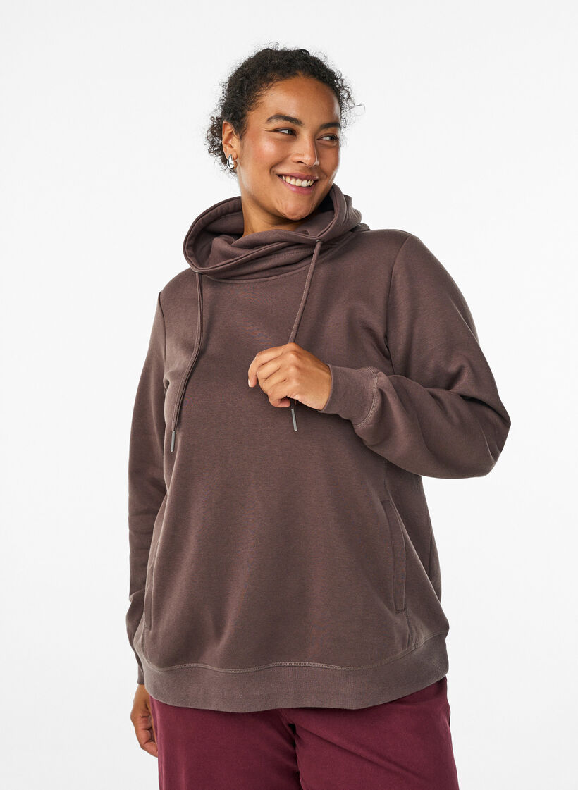 Collegepaita korkealla kauluksella ja taskuilla, Ruskea, Model image number 0