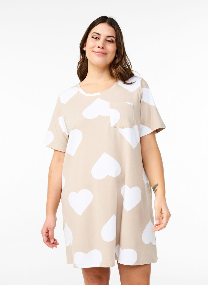 Pitkä yöpaita modaalisekoitetta sydänkuviolla, Beige, Model image number 0