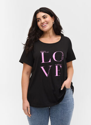 Puuvillainen t-paita printilllä, Black Cyclamen LOVE, Model image number 0
