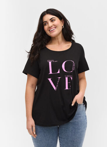Puuvillainen t-paita printilllä, Black Cyclamen LOVE, Model image number 0