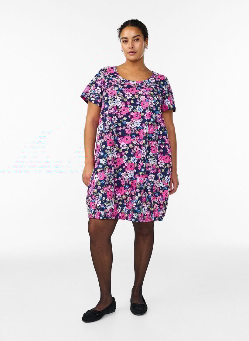 Lyhythihainen puuvillamekko printill&auml;, Sininen, Model image number 1