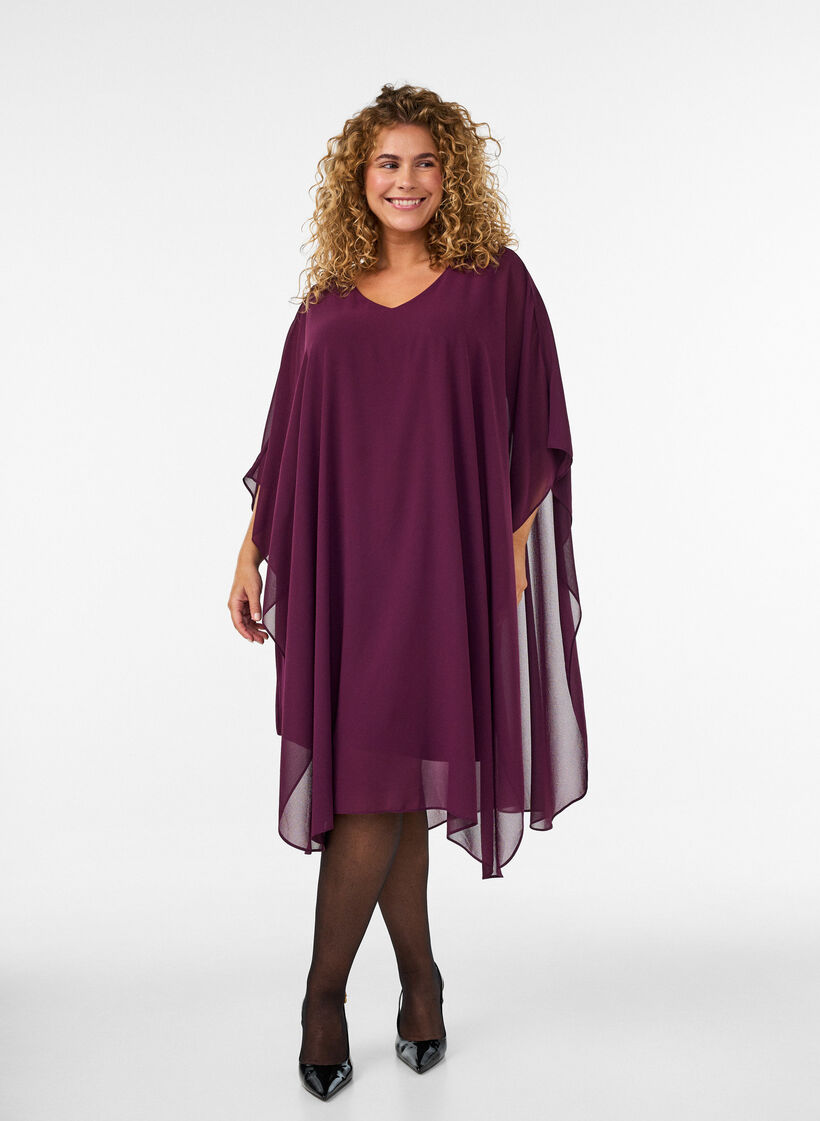 Lyhyt sifonkimekko V-p&auml;&auml;ntiell&auml;, Violetti, Model image number 0