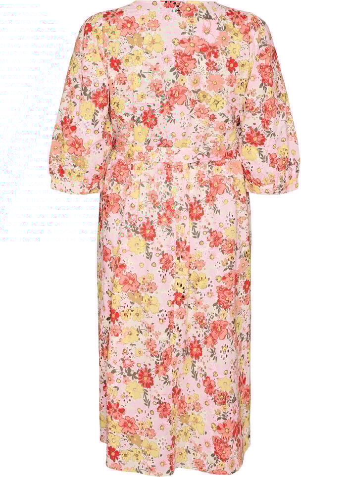 Kukkakuvioinen midimekko brodeeratulla anglaise-kuviolla ja solmittavalla vy&ouml;ll&auml;, Vaaleanpunainen, Packshot image number 1