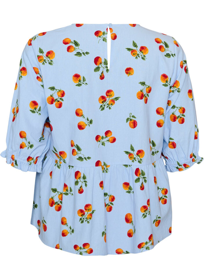 Puuvillapusero tomaattiprintill&auml; ja peplum-helmalla, Sininen, Packshot image number 1