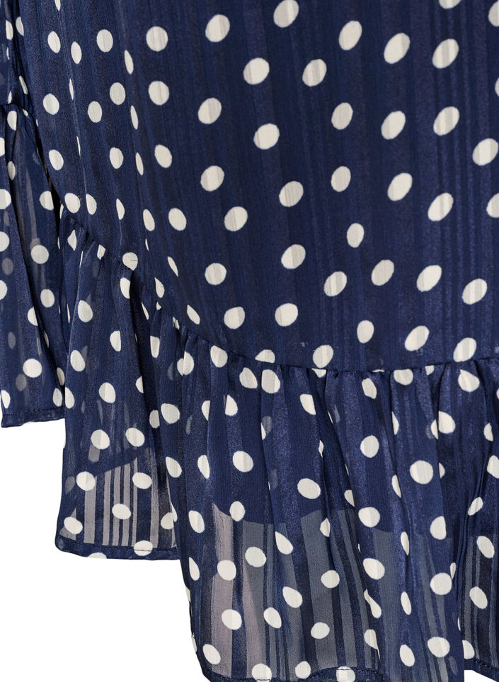 Kuviollinen mekko r&ouml;yhel&ouml;ill&auml; ja pitkill&auml; hihoilla, Sininen, Packshot image number 3