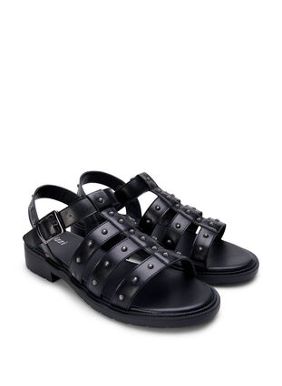 Leveälestiset nastakoristeiset sandaalit, Black, Packshot image number 1
