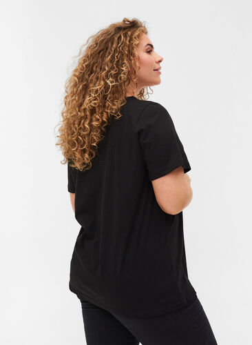 Puuvillainen t-paita v-pääntiellä ja pitsillä, Black, Model image number 1