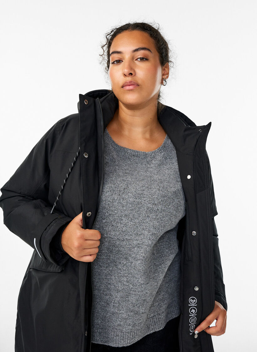 Vett&auml;hylkiv&auml; parka hupulla ja k&auml;yt&auml;nn&ouml;llisill&auml; yksityiskohdilla, Musta, Model image number 3