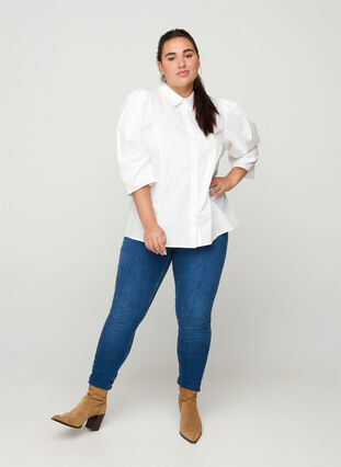 Puuvillainen paita 3/4-pituisilla puhvihihoilla, Bright White, Model image number 2