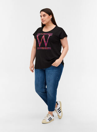 Puuvillainen t-paita värikkäällä printillä , Black W, Model image number 2