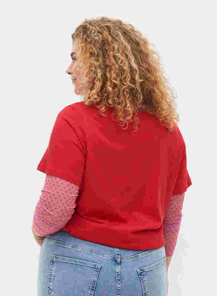 Lyhythihainen puuvillainen t-paita tekstipainatuksella, Chinese Red, Model image number 1