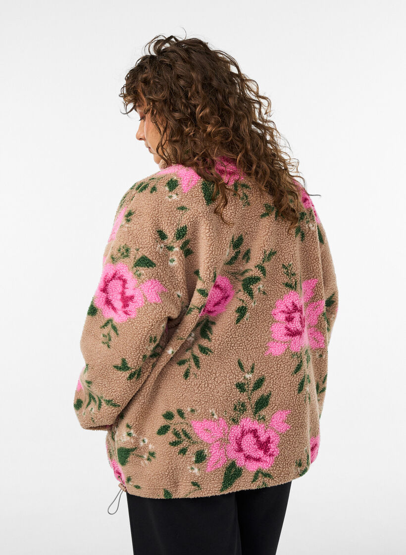 Kukkafleecetakki korkealla kauluksella ja vetoketjulla, Beige, Model image number 2