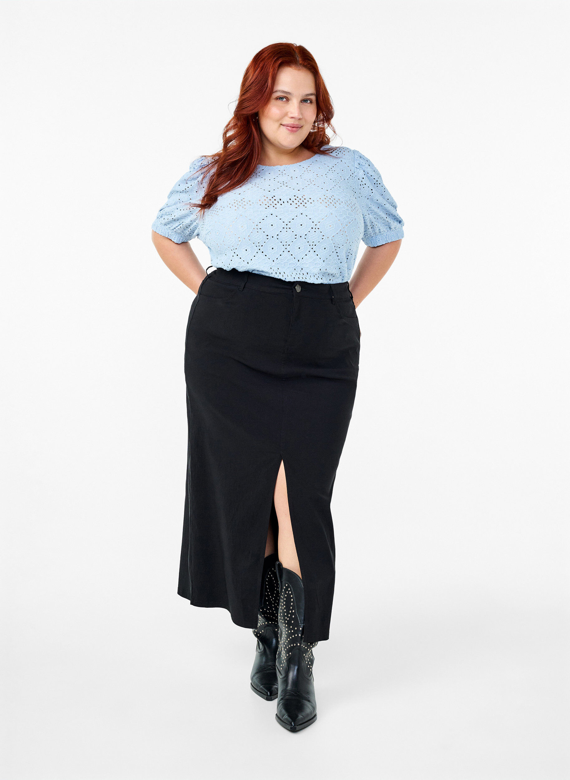 ZizziLyhythihainen pusero, jossa on pitsikuviointi., Cashmere Blue, Model image number 2