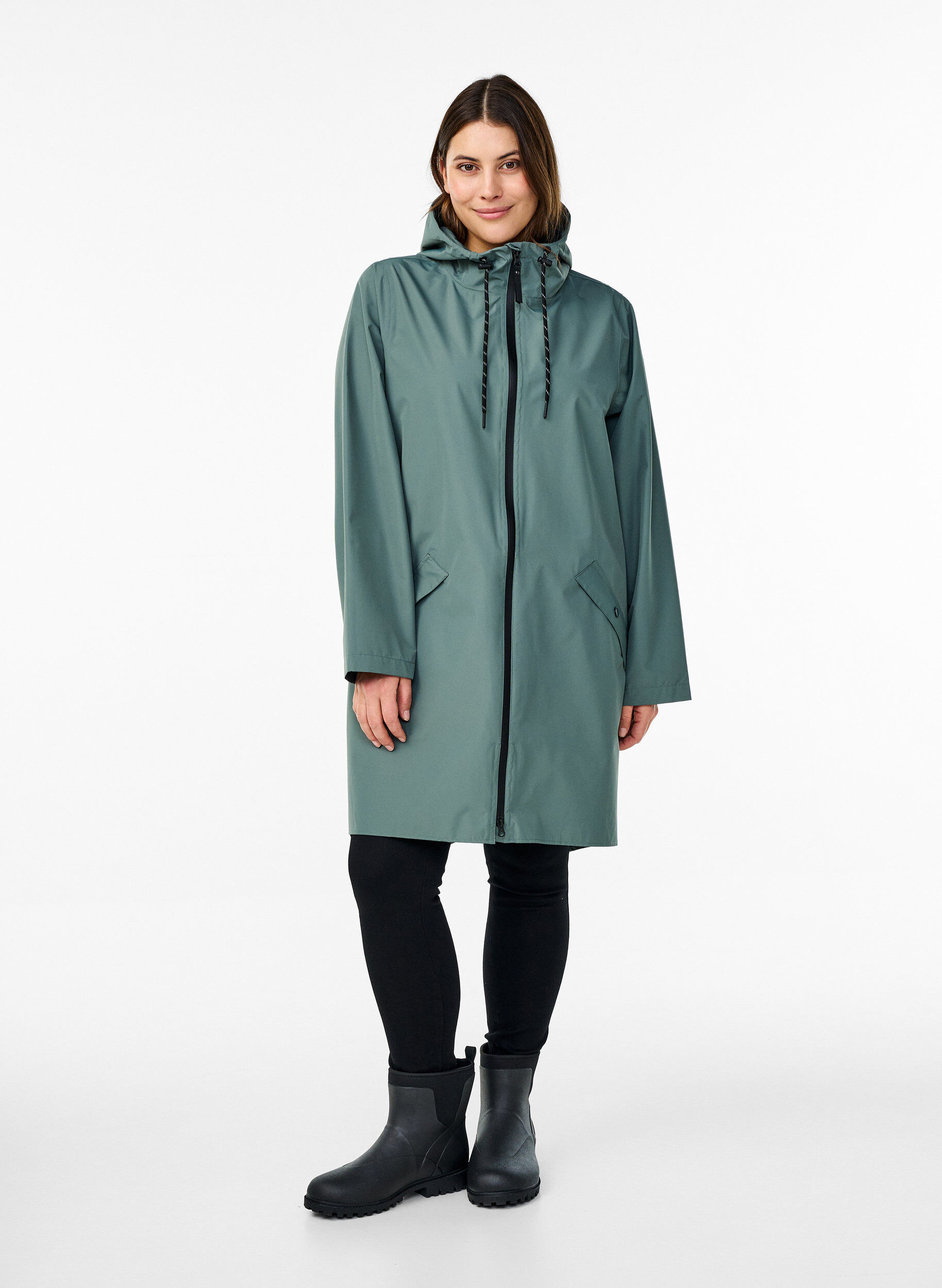 ZizziSadetakki, jossa on taskut ja huppu, Vihre&auml;, Model image number 1