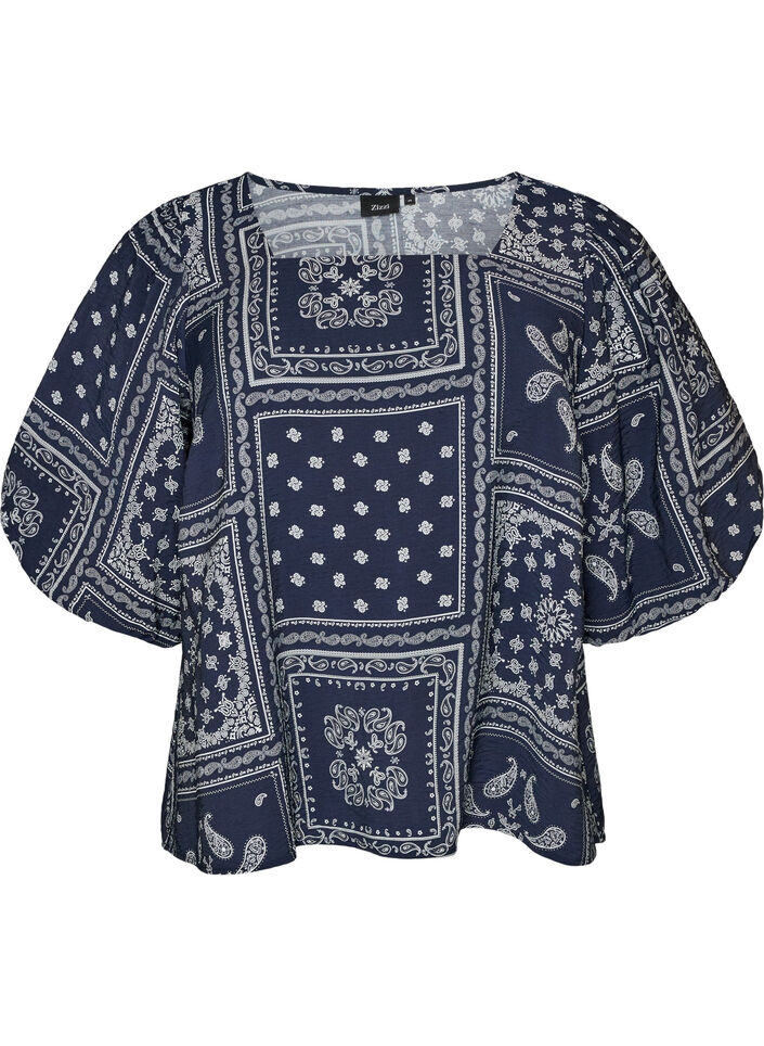 Viskoosipusero paisley-kuviolla ja pallohihoilla, Sininen, Packshot image number 0